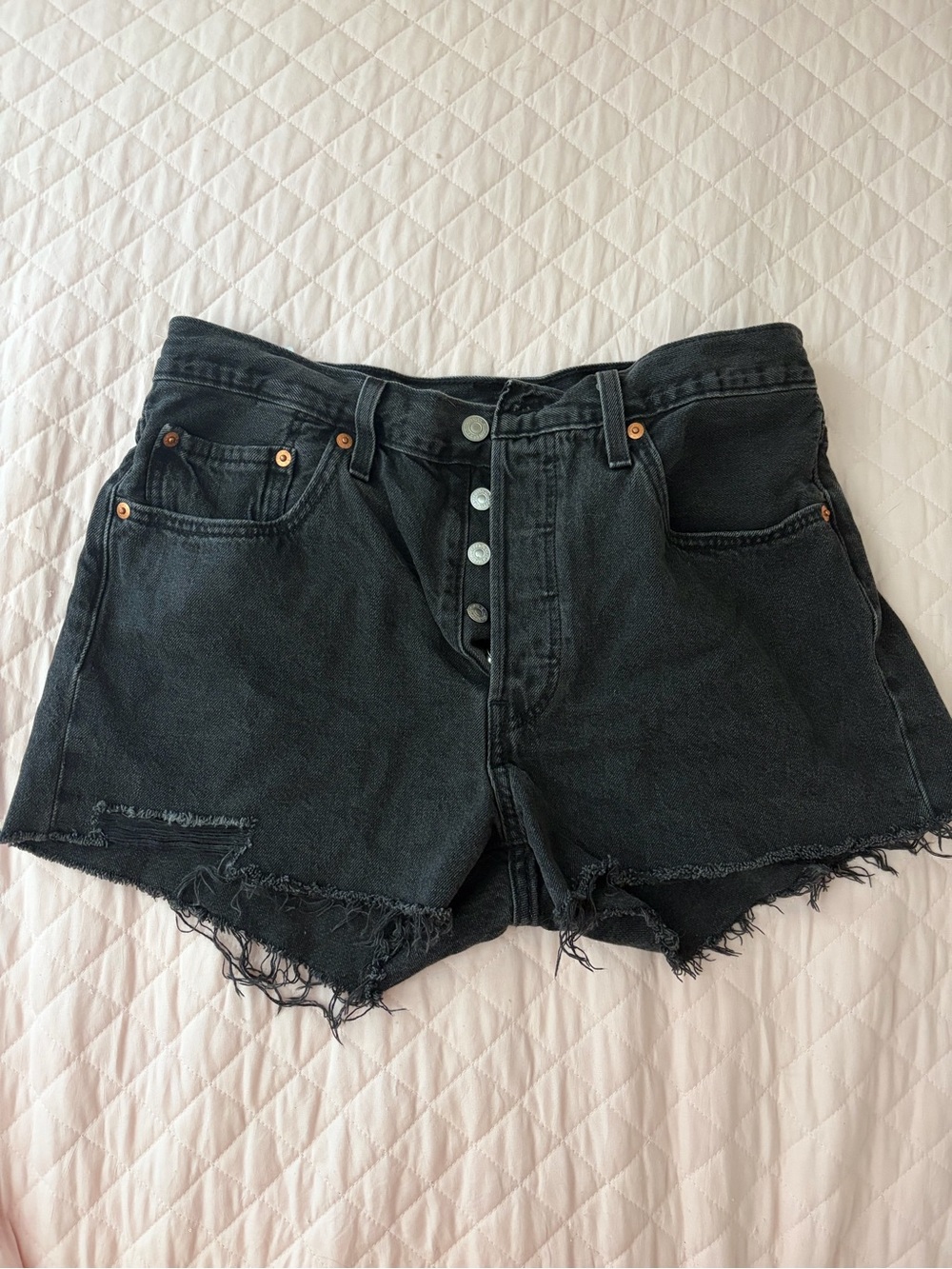 Levi's 501s Black High Rise Distressed Denim Jean Shorts